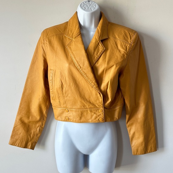VINTAGE Yellow Cropped Genuine Leather Double Breast Jacket By Yucatan Bay Sz M - Picture 7 of 13